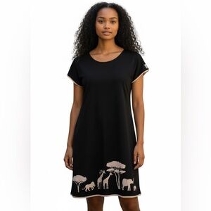 Baobab Afori Cat Namibia Safari Animal Print Black Dress. Cap Sleeves